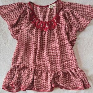 Max Studio Small Red w /Cute Pattern BOHO Flutter Babydoll Top Blue Hearts